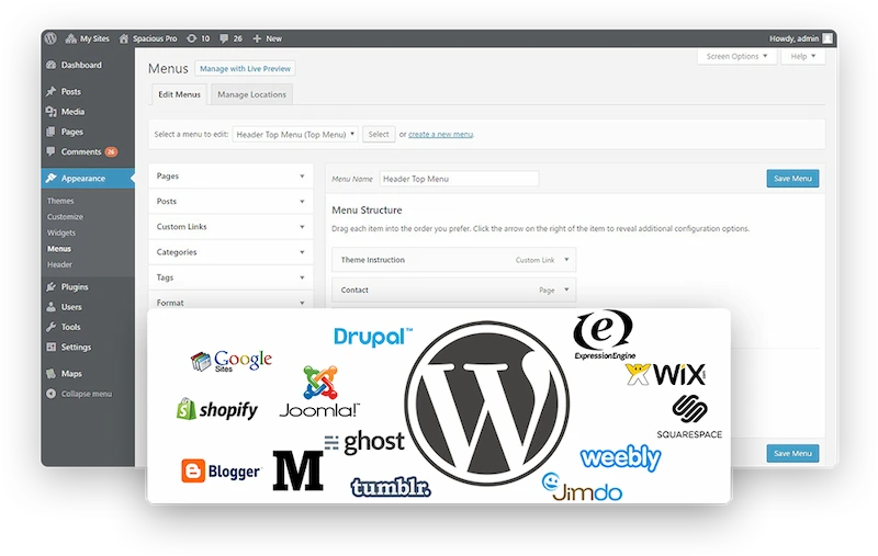 Major CMS providers including Google Sites, Shopify, Joomla, and Wix with WordPress CMS dashboard in the background