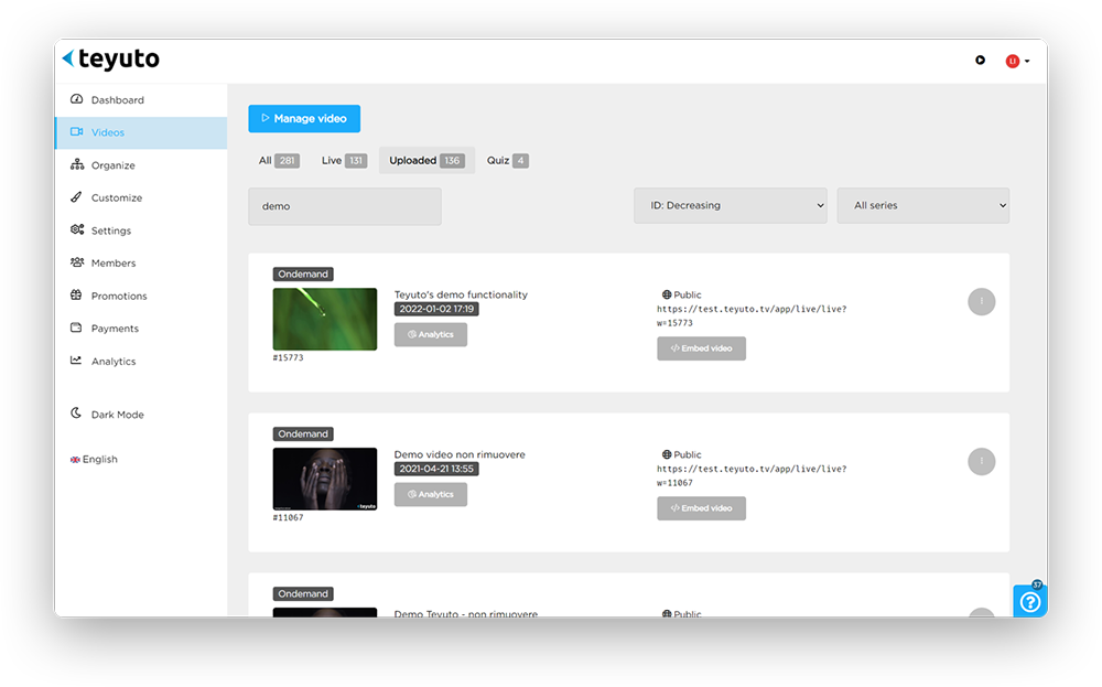 Teyuto&#39;s Video CMS dashboard for video management