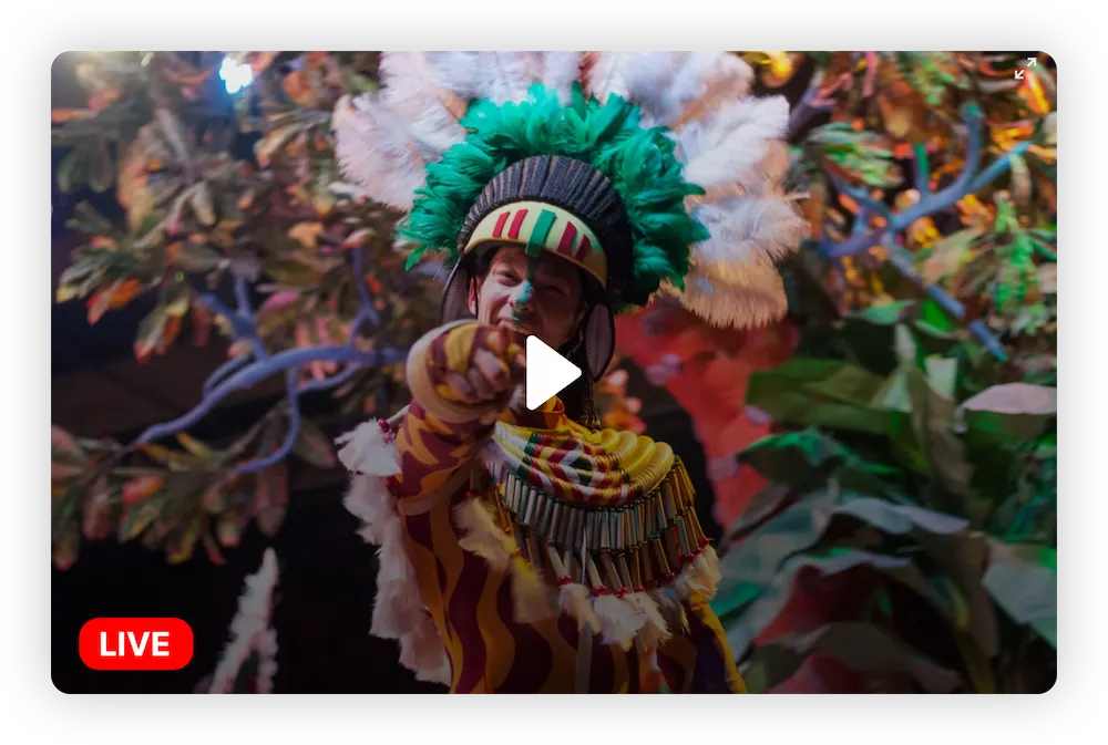 A man celebrating in a carnival pointing towards the camera