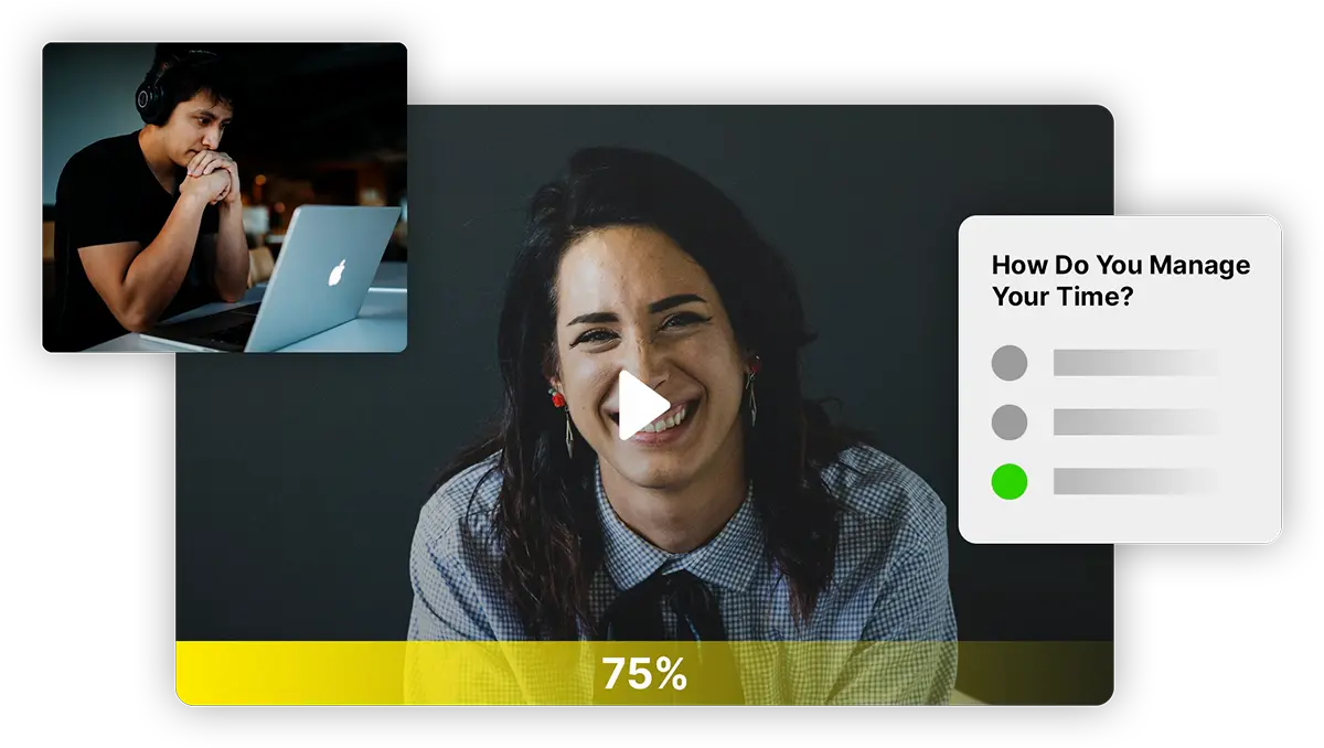 Contemplative man on a MacBook on top-left. Dialog box of a video quiz on the center-right. A woman smiling in the middle