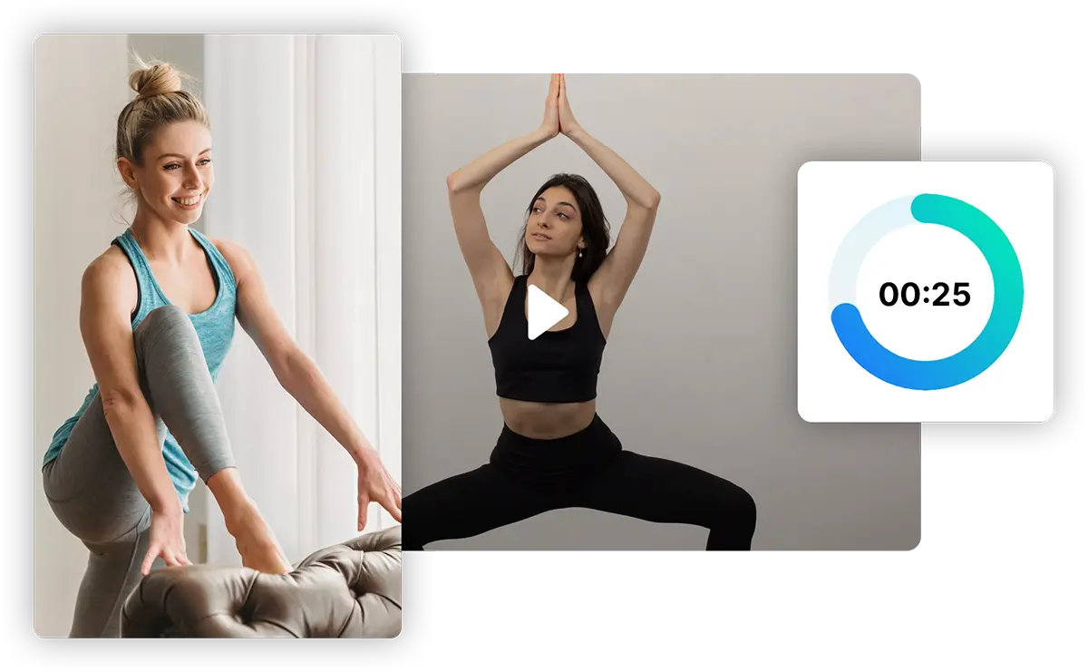 A woman stepping on couch while practicing yoga on left. Another woman practicing yoga pose on the right.