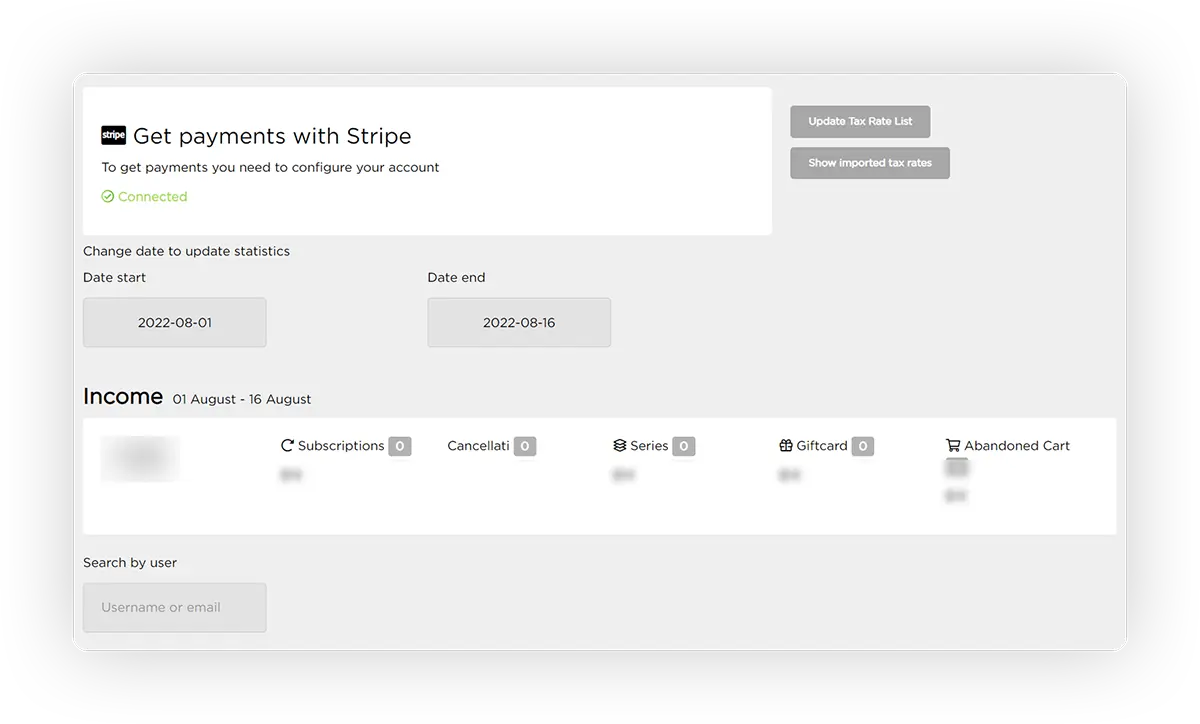 A Stripe-connected account on Teyuto with income breakdown