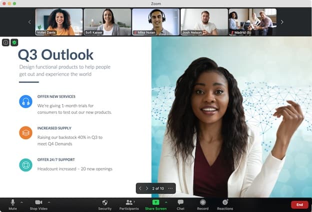 A Zoom call with a presenter presenting Q3 Outlook