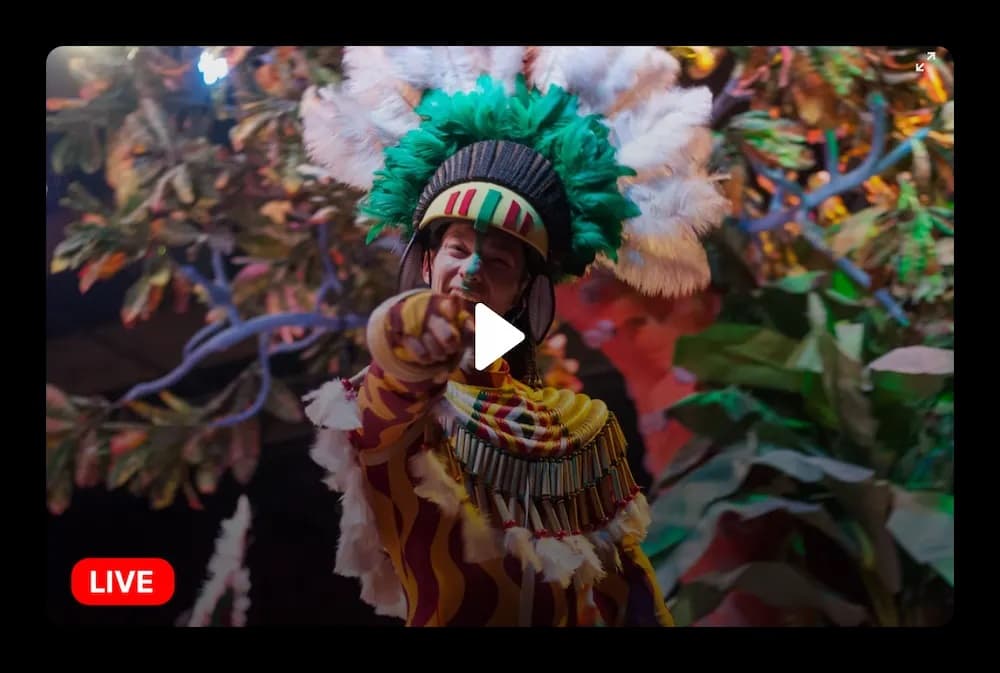 A live stream of a carnival with a young performer pointing towards camera