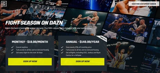 A screenshot of DAZN monthly and yearly pricing plans