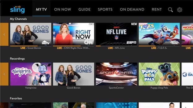 Sling TV with on-demand content and linear streaming of live TV channels