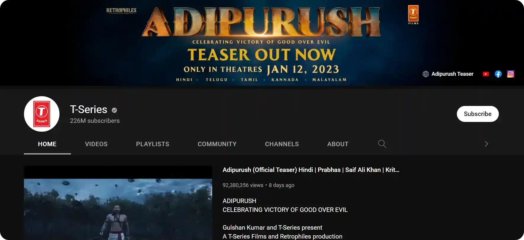 A screenshot of T-Series&#39; YouTube channel highlighting Adipurush official teaser