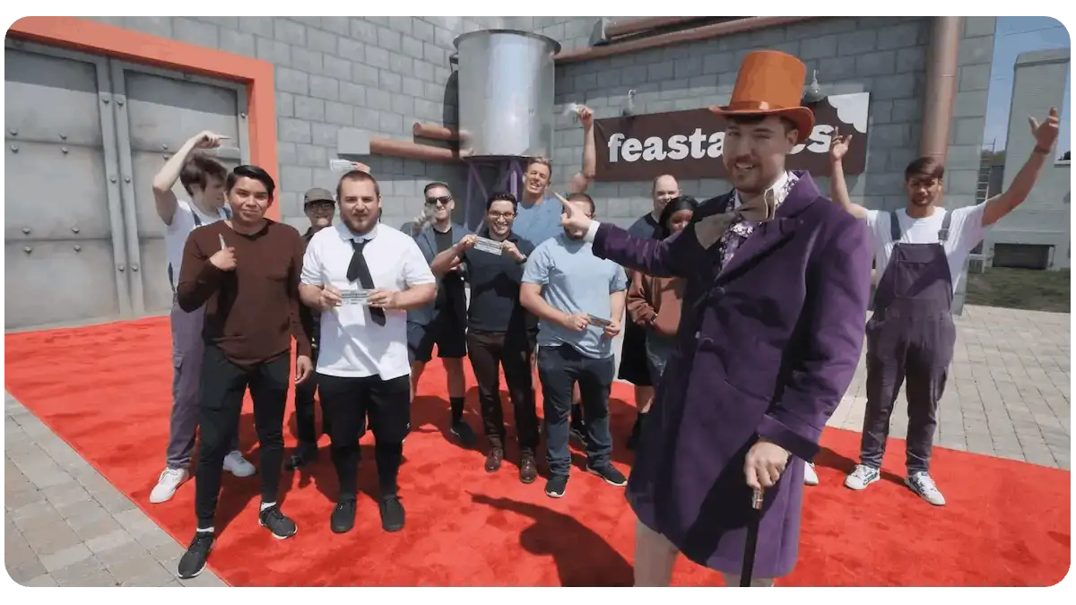 MrBeast dressed as Willy Wonka presenting the Chocolate Factory competition