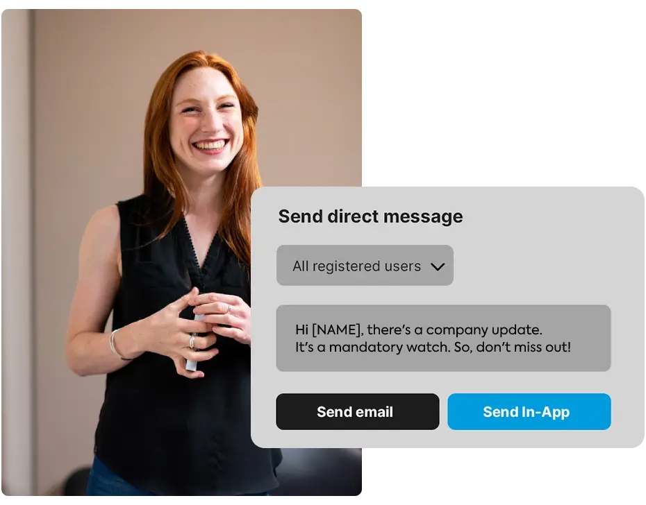 A dialogue box for direct message to employees about a video update on corporate intranet