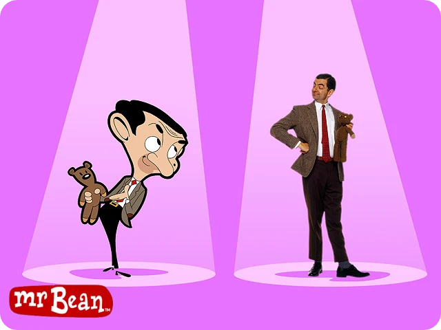 Mr. Bean with Teddy; as a cartoon character and a real person